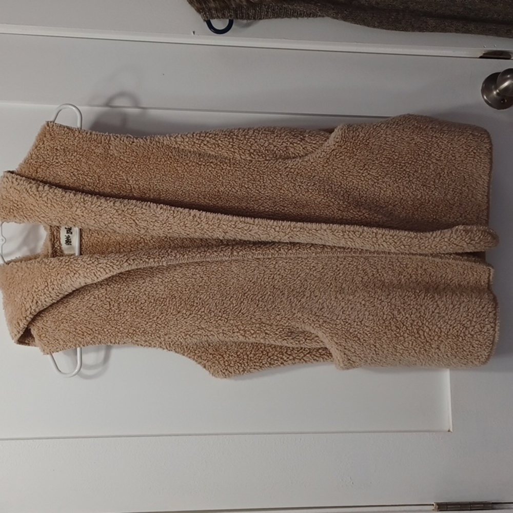 Cozy Tan Sherpa Vest Hoodie Pockets Relaxed Fit Small